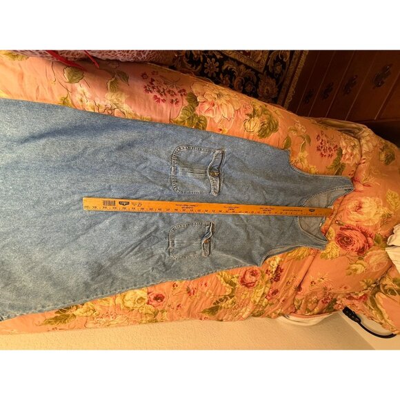 Vtg 90 Denim Jumper Maxi Dress L Front Zipper Pockets Modest Country Teacher Y2K - Picture 13 of 16